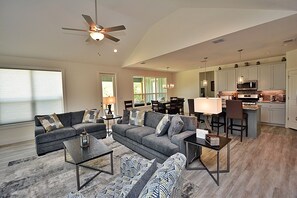 Smart TV, fireplace, books