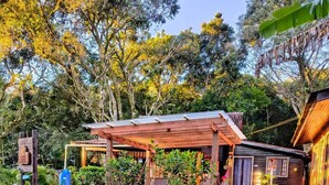 Una casa de madera rústica con un porche cubierto, rodeada de exuberante vegetación y plantas en macetas.