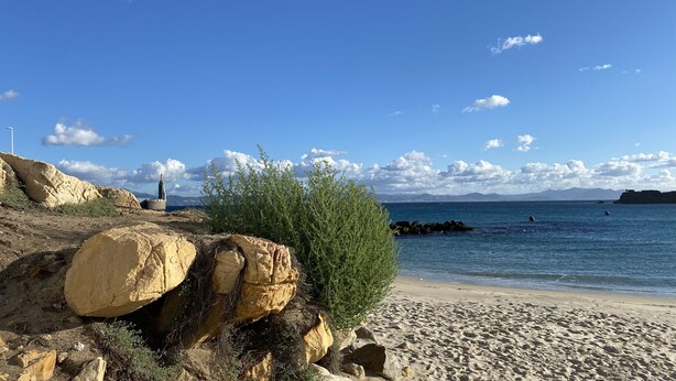 Une plage rocheuse offrant une vue dégagée sur la mer et les montagnes lointaines.