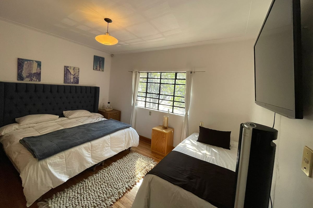 A bedroom with a large bed, a smaller bed, a ceiling fan, a window with curtains, and a television.