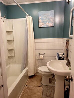 Combined shower/tub, hair dryer, towels, soap