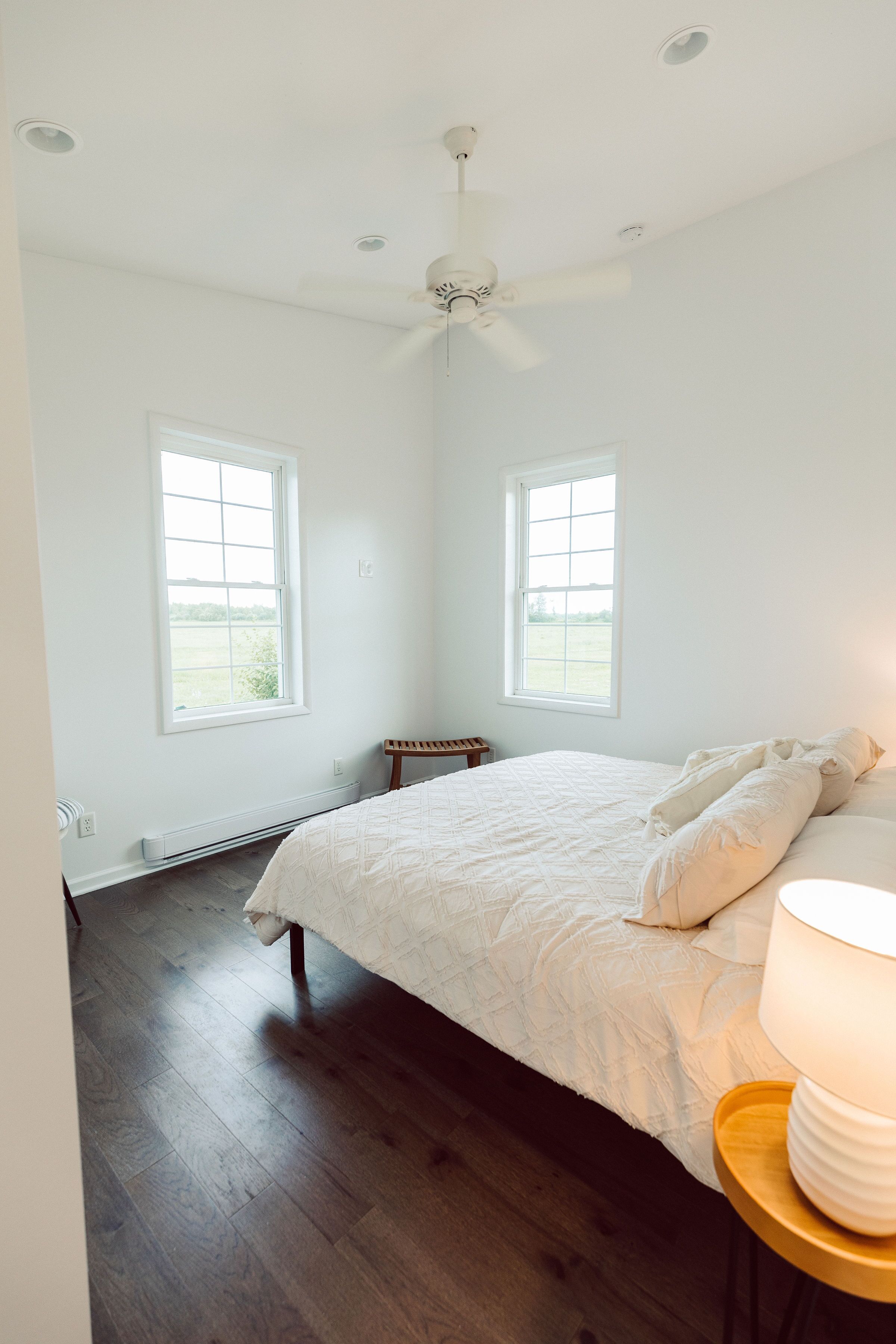 A bedroom with a bed, two windows, a ceiling fan, and a bedside table with a lamp.