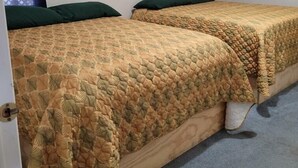 Une chambre avec deux lits, chacun recouvert d’une couvre-lit à motifs et agrémenté d’oreillers verts. Un tableau orne le mur et une fenêtre est dotée de rideaux.