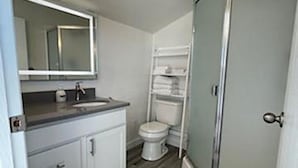 A small bathroom with a toilet, a sink, and a mirror. - Crescent Bar Unit 102 (Quincy)