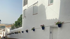 Un edificio blanco con escalones de piedra y plantas en macetas en la pared.