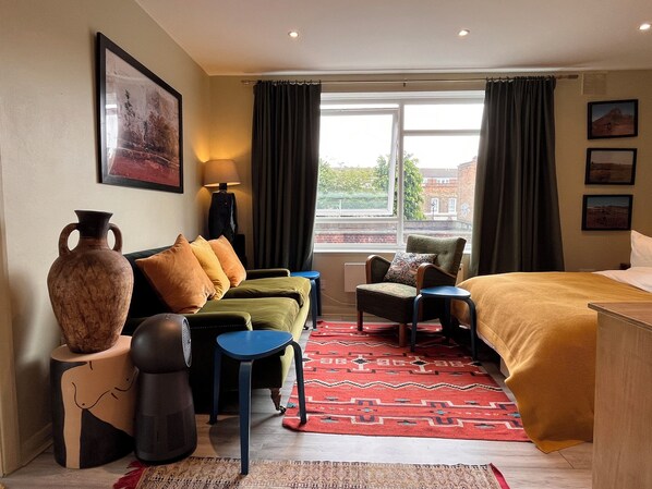 1 bedroom, desk, blackout drapes, iron/ironing board