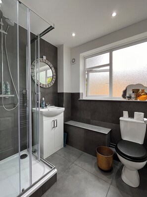 Dusche, Haartrockner, Handtücher, Seife