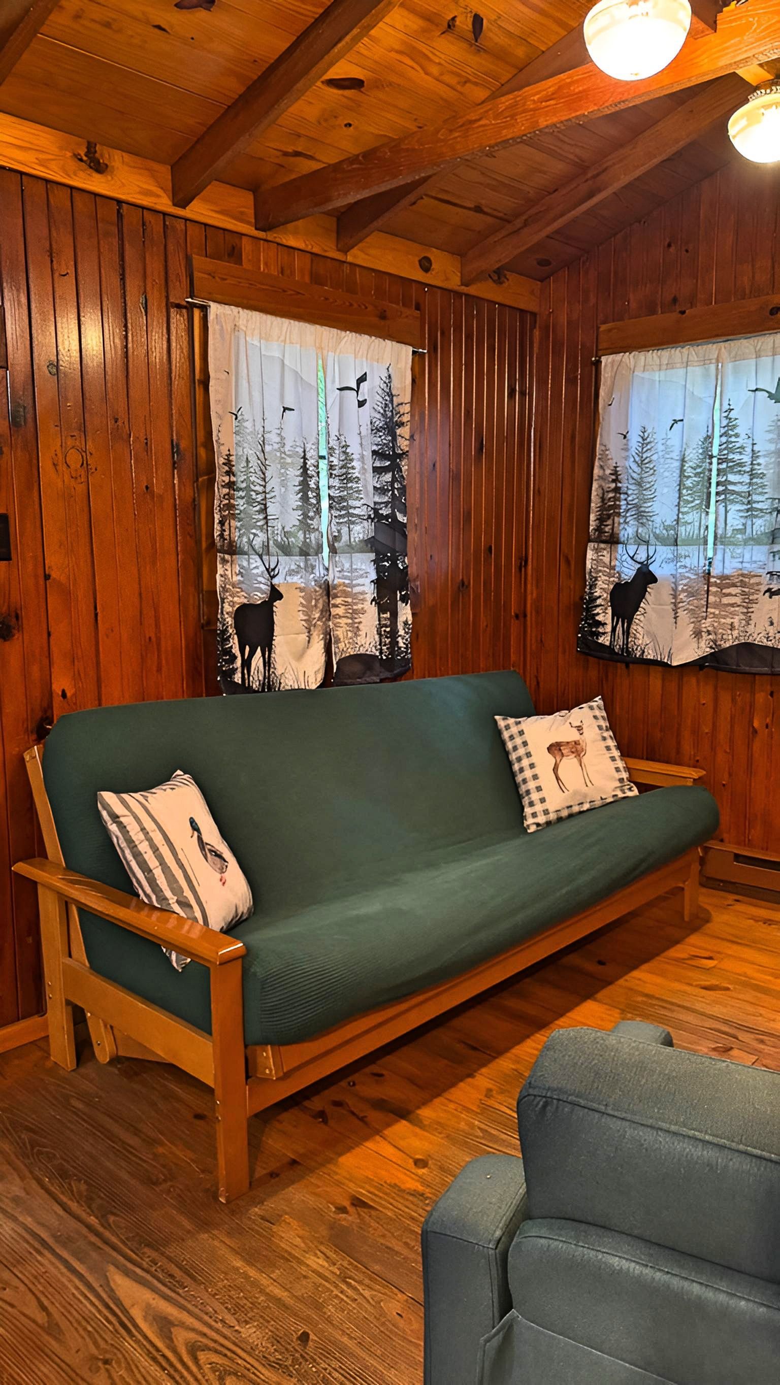 A wooden cabin interior with a green sofa, two pillows, and a window with a forest scene.