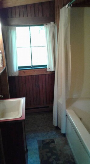 Combined shower/bathtub, jetted bath, towels, soap