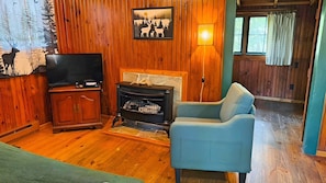 A wooden-paneled room with a fireplace, a television, and a blue armchair.