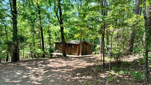 Una cabaña rústica rodeada de un bosque denso, con un sendero de tierra que lleva a ella.