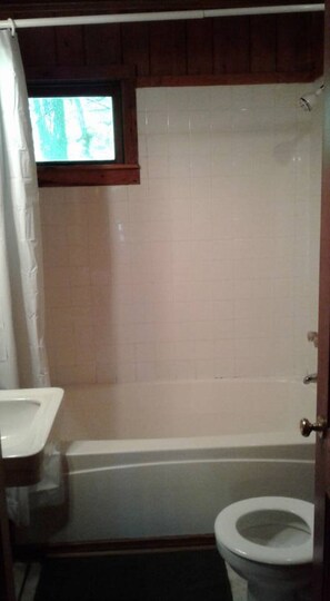 Combined shower/tub, towels