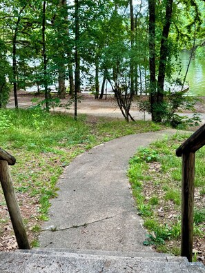 Ein Betonweg führt zu einer natürlichen Landschaft mit Bäumen und einem Gewässer.