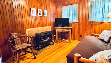A wooden-paneled room with a sofa, a wooden chair, a television, and a fireplace.