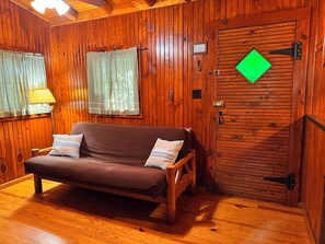 TV, fireplace, DVD player, stereo - FIVE POINTS~LAKE HAMILTON: Cabin#C ~ 1BR w/Queen Bed,  Futon in LR, Full Kitchen, Breakfast "Fixins" Provided, Jetted Tub, Balcony Deck off BR (Hot Springs National Park)