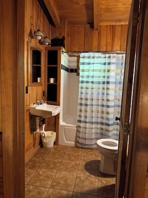 Une salle de bain en bois avec un lavabo, des toilettes et un rideau de douche.