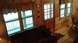 Flat-screen TV, fireplace, DVD player, stereo