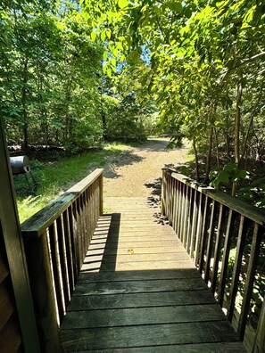 A wooden pathway leading through a forested area with a gravel path in the distance.