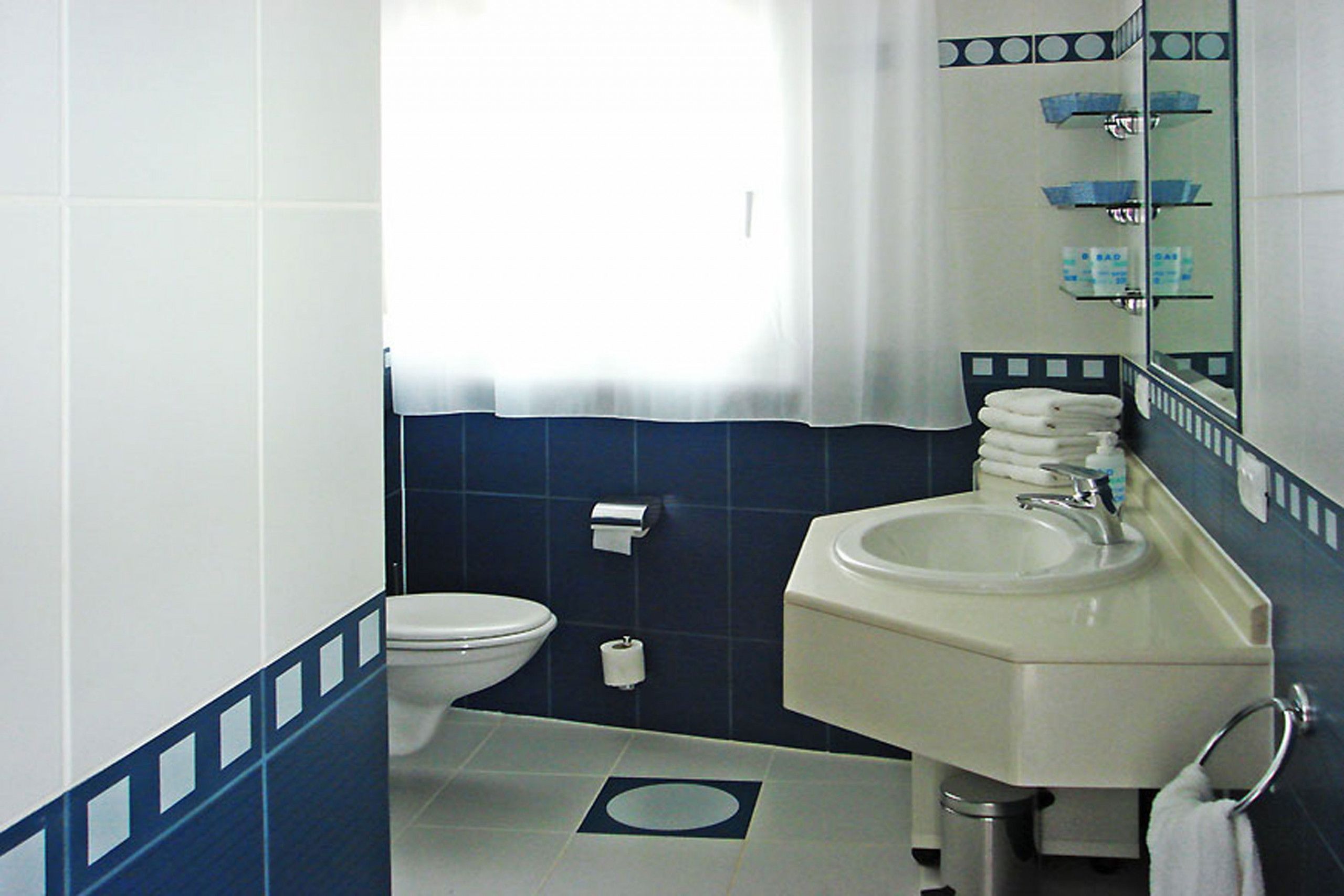Un baño con inodoro, lavamanos y espejo.