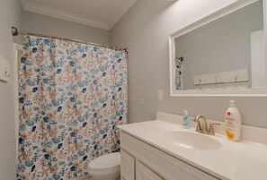 Combined shower/bathtub, hair dryer, towels, soap
