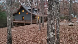 A cabin with a balcony, surrounded by trees and covered in fallen leaves. - Vacation at a family & pet friendly cabin in the Blue Ridge mountains! (Murphy)