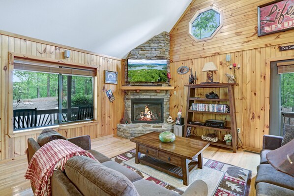 TV, fireplace, video games, DVD player