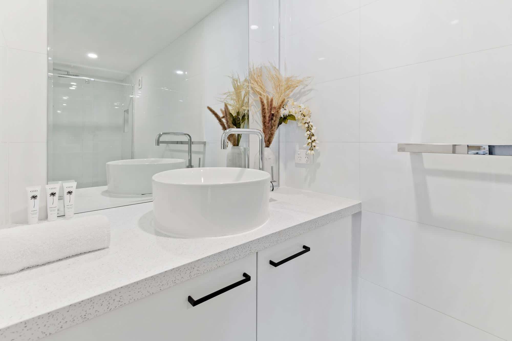 Shower, hair dryer, towels