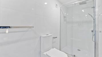 Shower, hair dryer, towels, shampoo