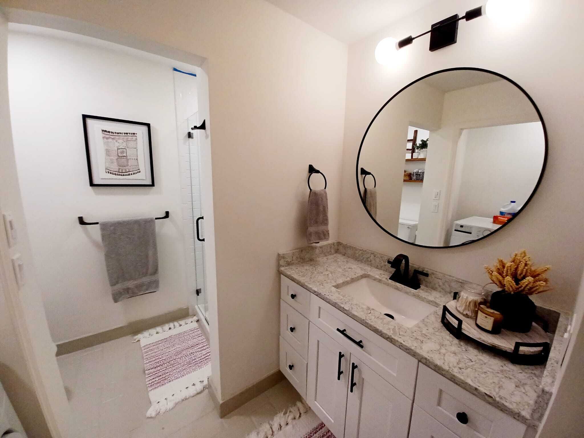 A bathroom with a white door, a framed picture, a towel rack, a sink with a mirror, and a small plant on the countertop.