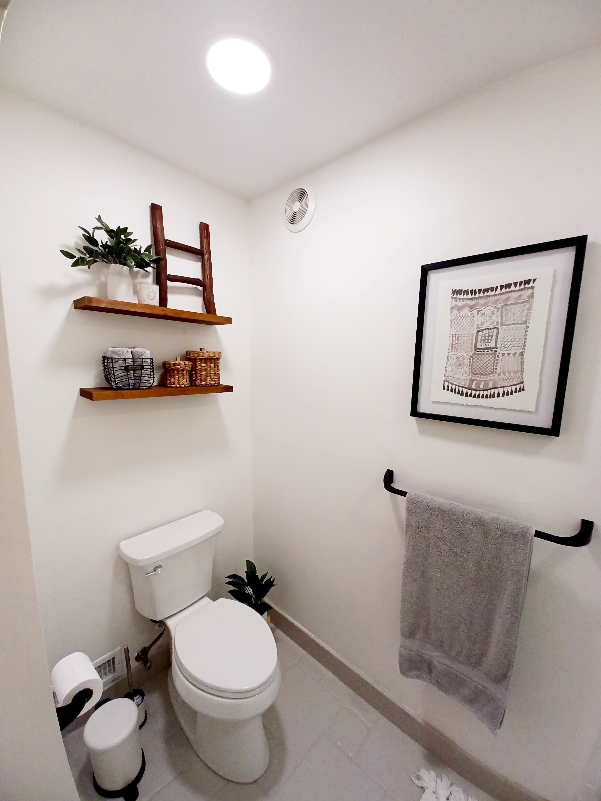 Een kleine, schone badkamer met toilet, prullenbak, plankje met planten en manden, een foto in een lijst aan de muur en een handdoek aan een rek.