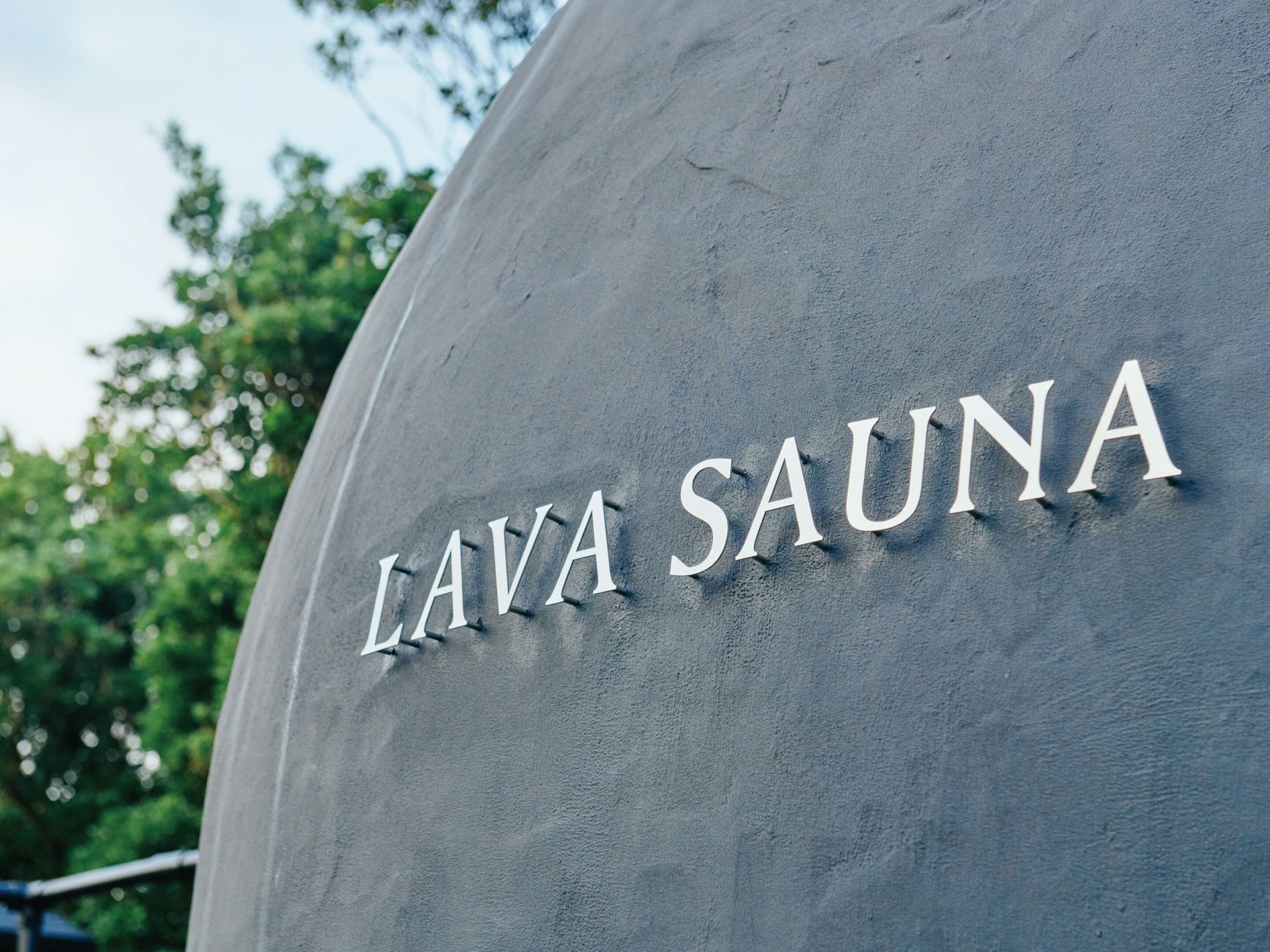 A sign with the text "LAVA SAUNA".