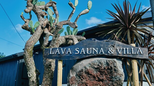 A sign for Lava Sauna & Villa with a rustic wooden design, surrounded by cacti and a palm plant. - LAVA SAUNA & VILLA (Hachijo)