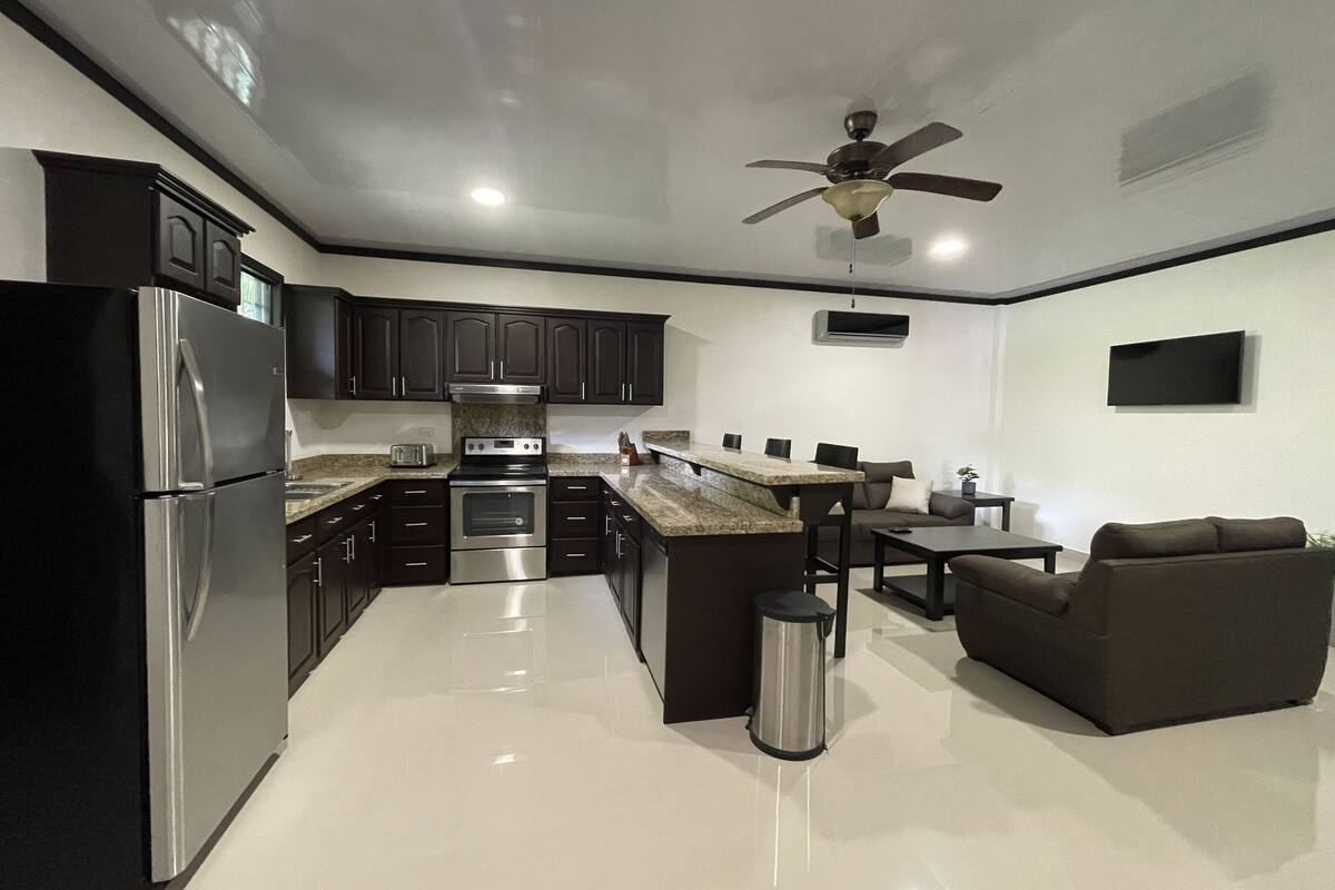 Full-sized fridge, microwave, oven, stovetop