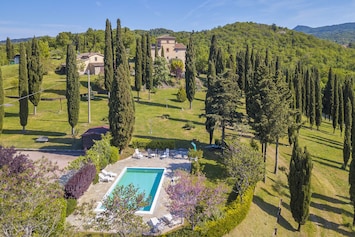 The wide property with the greenery around the Villa and the nice pool