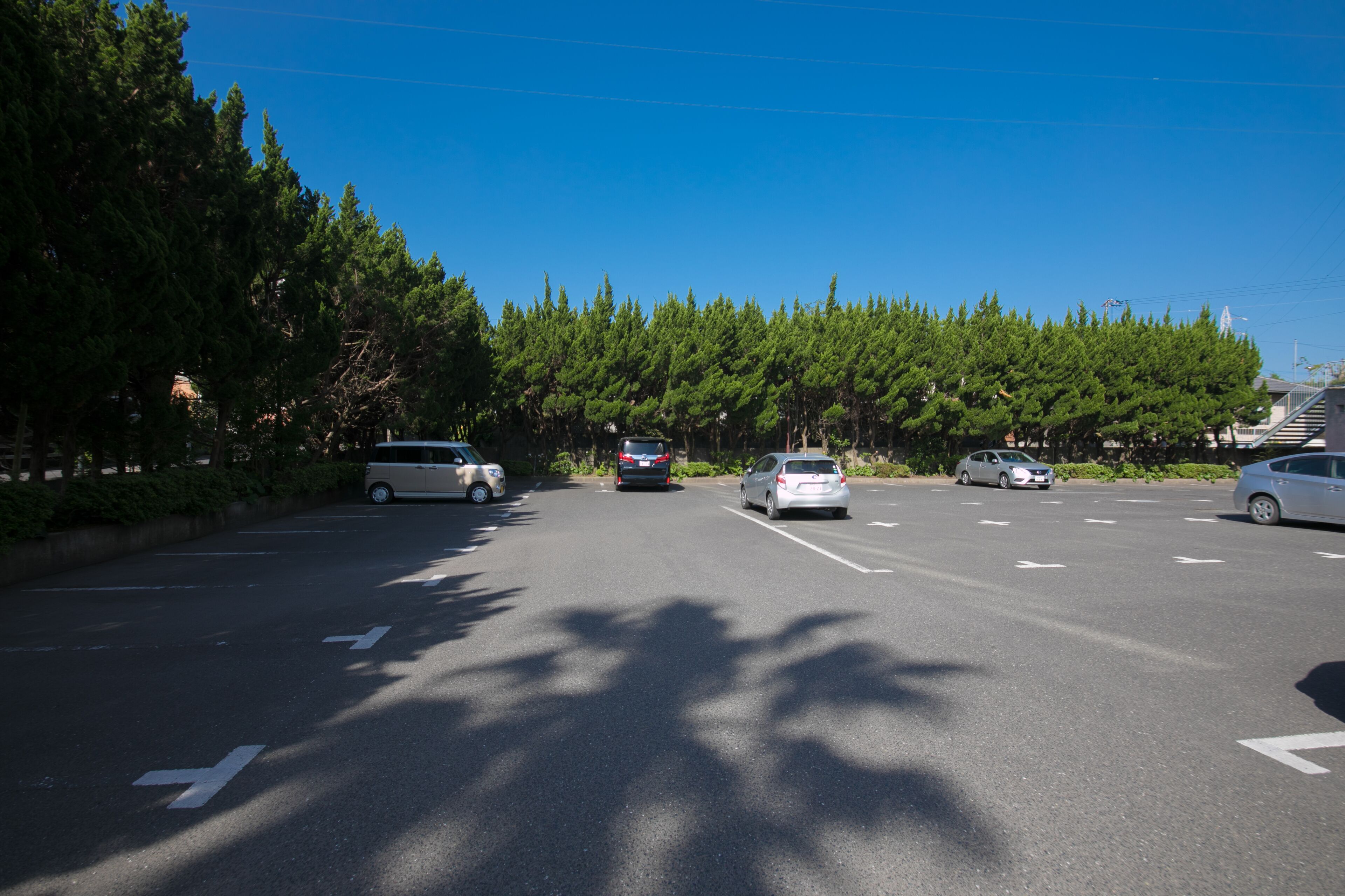 A parking lot with multiple cars and a clear sky.