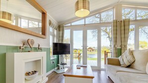 Una sala de estar con chimenea, televisor, sofá y ventanas amplias.