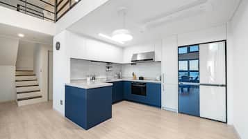 Fridge, microwave, stovetop, espresso maker