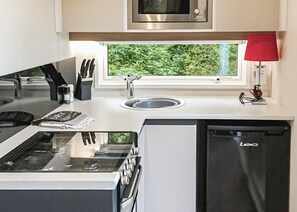 Cozinha compacta com fogão, micro-ondas, pia e janela com vista para o verde.