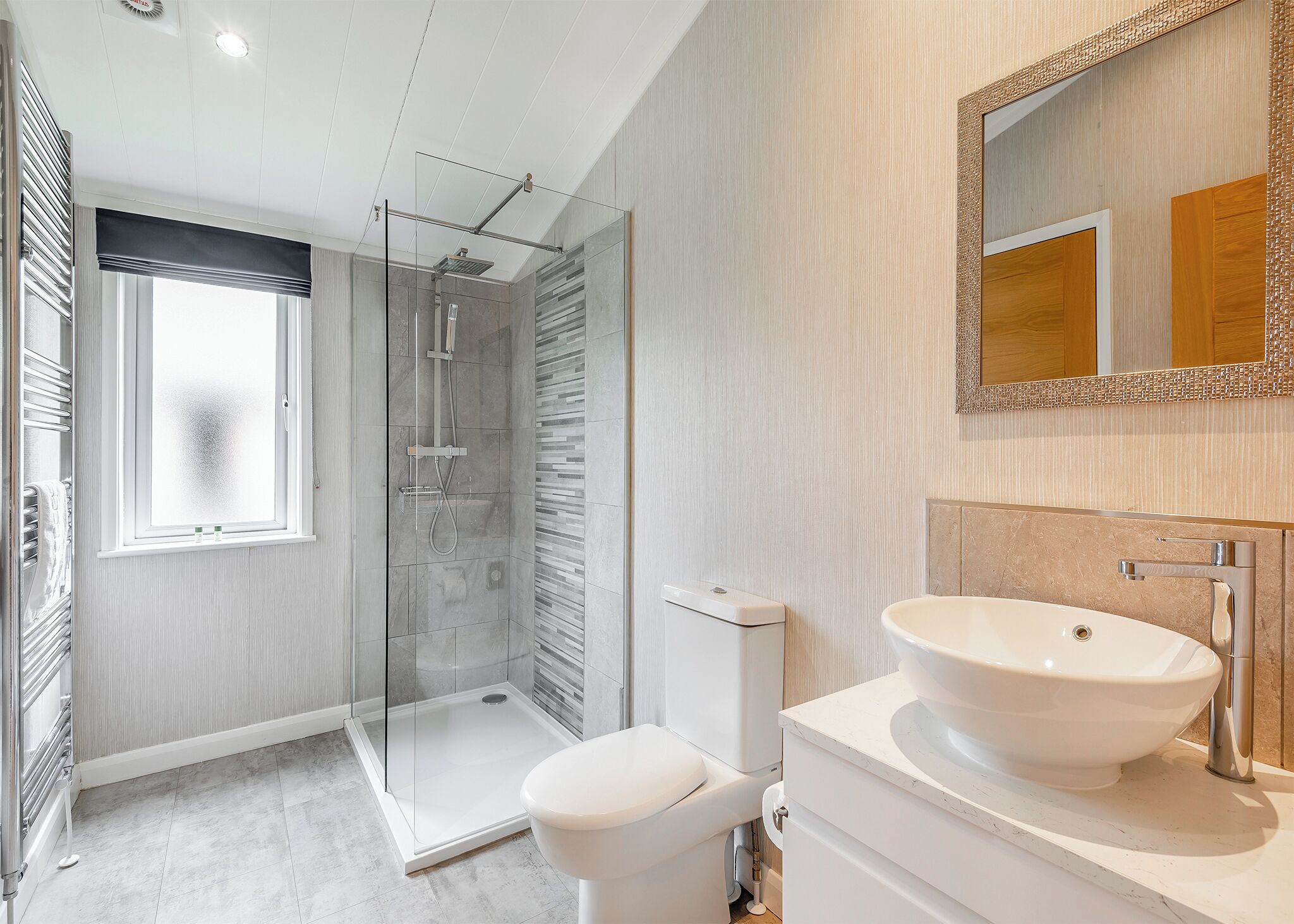 A modern bathroom with a glass shower enclosure, a toilet, a sink, and a mirror.