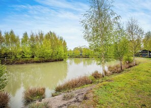 A calm river with trees and a grassy bank.