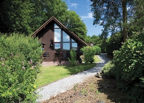 A cabin with a sloped roof, large windows, and a gravel path leading to it, surrounded by dense greenery. - 2 bedroom accommodation in Waterrow, Wiveliscombe (Waterrow, Wiveliscombe)