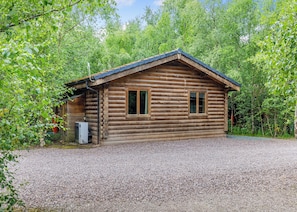 A log cabin with a gravel driveway, surrounded by dense green trees.