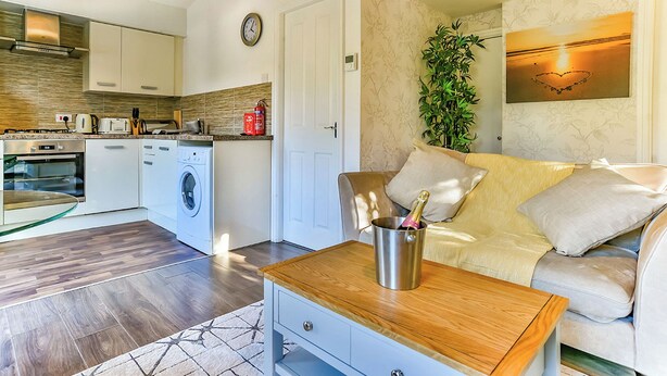A modern kitchen with appliances, a dining area with a table, and a living room with a sofa and a plant. - Kingfisher Lakeside Lodge (Caerwys, Flintshire)