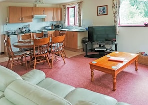 Een woonkamer met een bank, een eettafel met stoelen, een keuken met kasten en apparatuur, en een televisie.