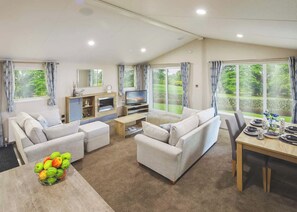 Living area - New in 2020. Modern lodge with one double and one twin. (Mablethorpe)
