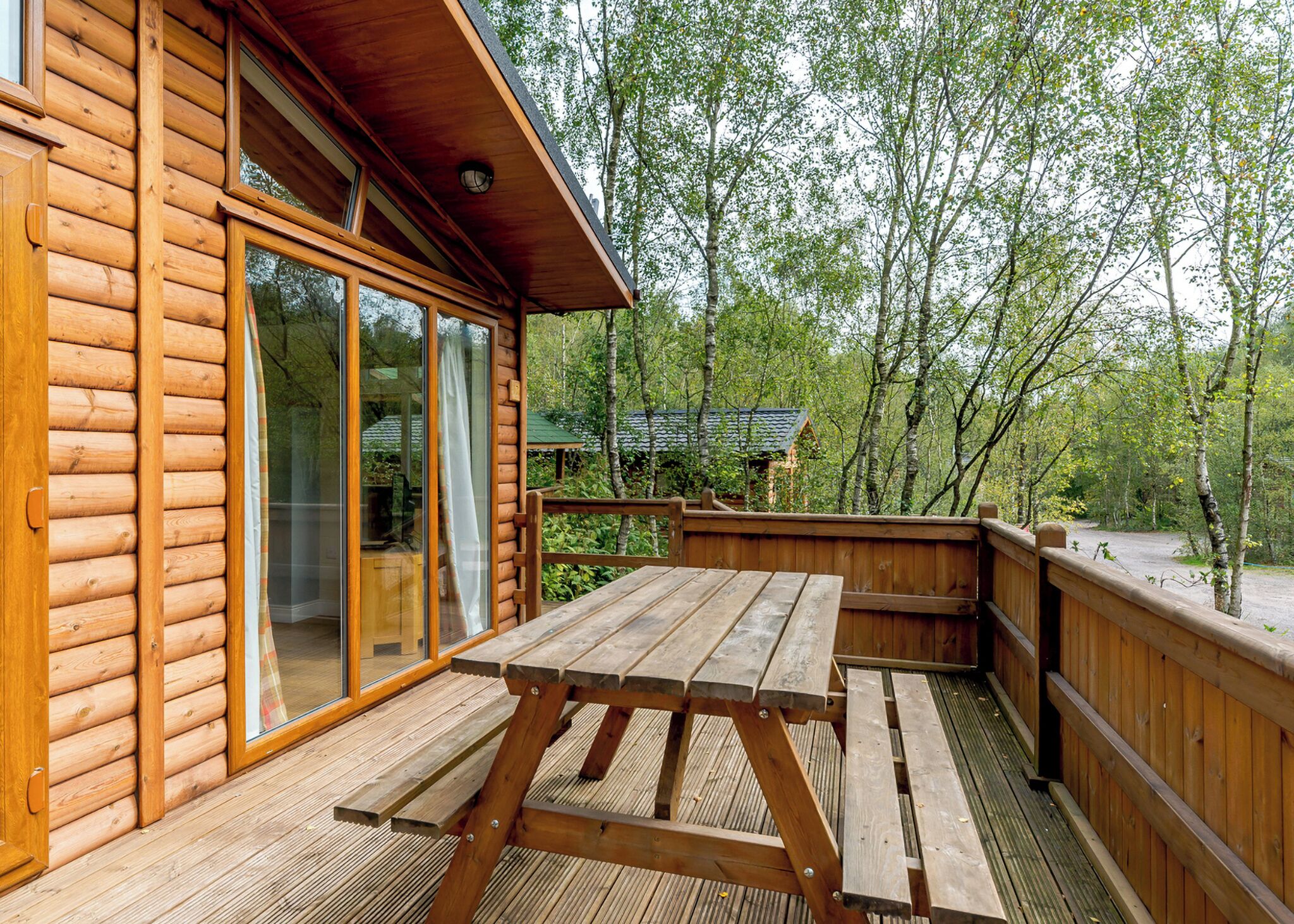 Une cabane en bois dotée d’une terrasse, de grandes fenêtres et offrant une vue sur la forêt environnante.