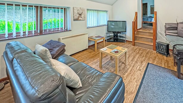 A living room with a leather sofa, a television, a small table, and a view of greenery outside. - 1 bedroom accommodation in Waterrow, Wiveliscombe (Waterrow, Wiveliscombe)