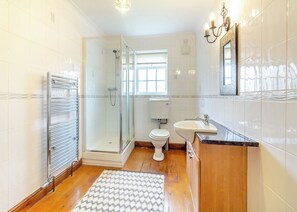 A bathroom with a glass-enclosed shower, a toilet, a sink, and a mirror.