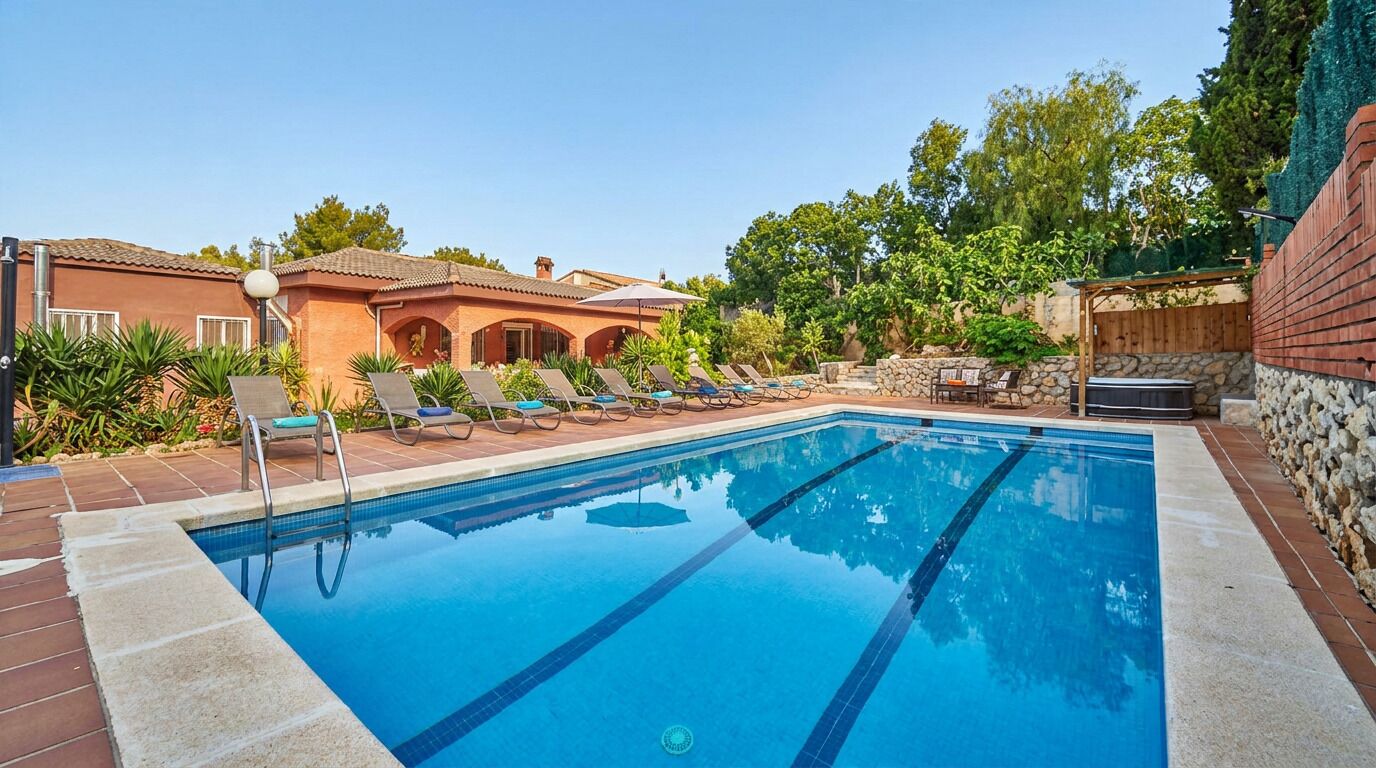 Una piscina con sillones de descanso, un muro de piedra y un edificio con ventanas arqueadas.