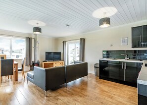 Un salon moderne doté d’un téléviseur à écran plat, d’un canapé, d’un coin repas et d’une cuisine avec des meubles noirs et un évier en acier inoxydable.